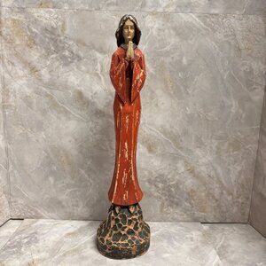 Religious Woman In Prayer Virgin Mary Praying Folk Art Style Faux Wood 15"